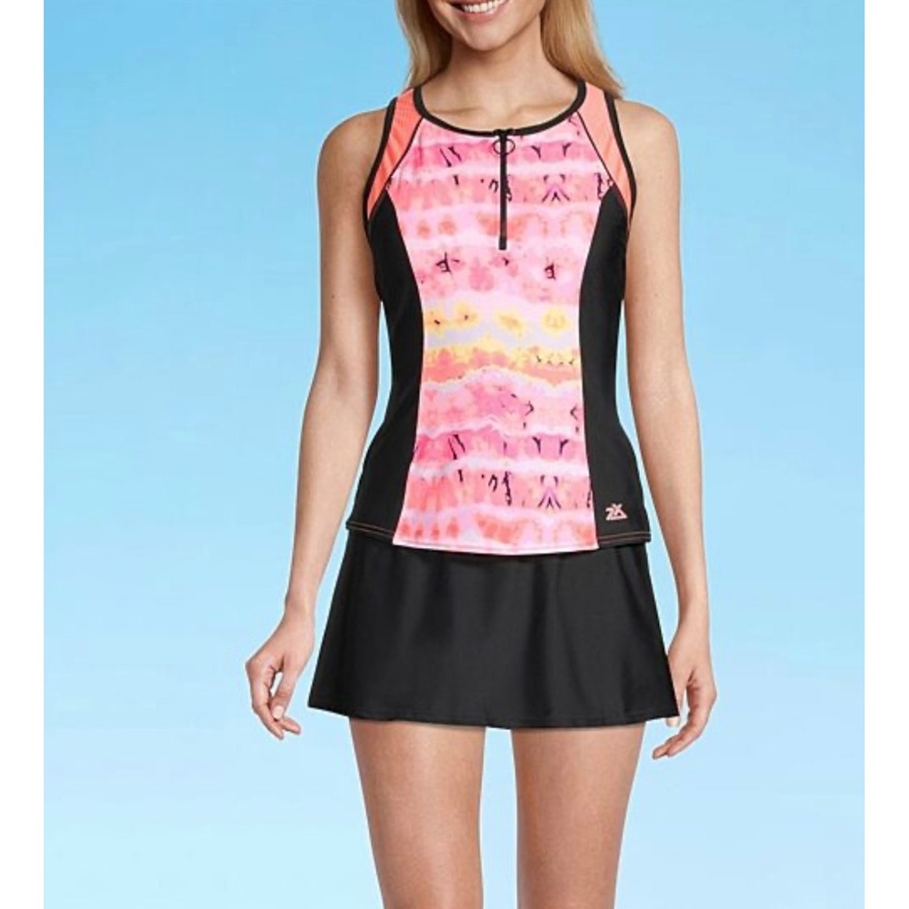 ZeroXposur 2X Pink Abstract Zip Front Racerback Tankini Top UPF 30 Quick Dry NWT